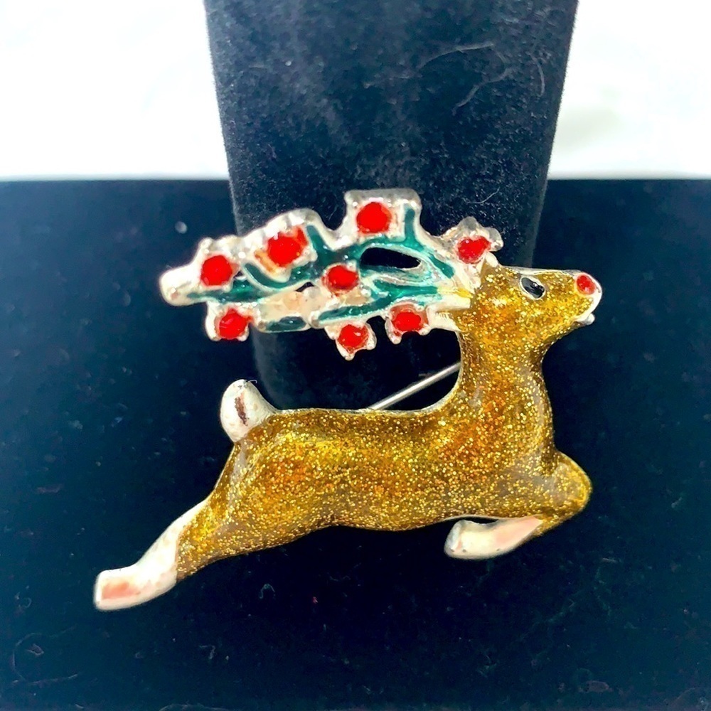 Vintage Signed Flying Reindeer Brooch - Silver/Gold, Red Rhinestones